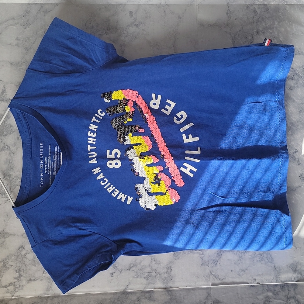 Blue Sequin Tommy Hilfiger short Sleeves Girl  Shirt Size 8